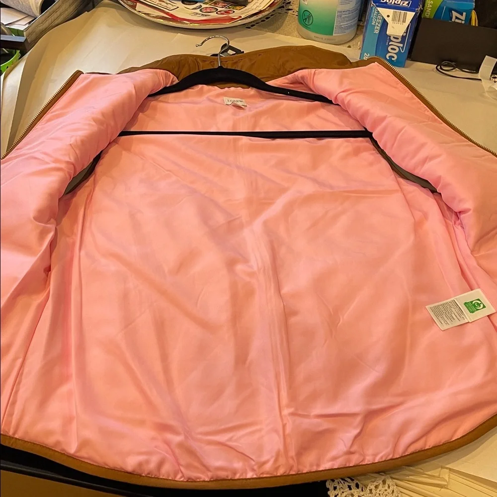 J.Crew Brown Quilted Vest Pink Lining Zip Pockets Size Small